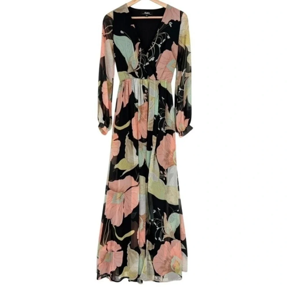 Lulus Black Floral Chiffon Water Lily Maxi Dress Old Hollywood Glam Whimsigoth S